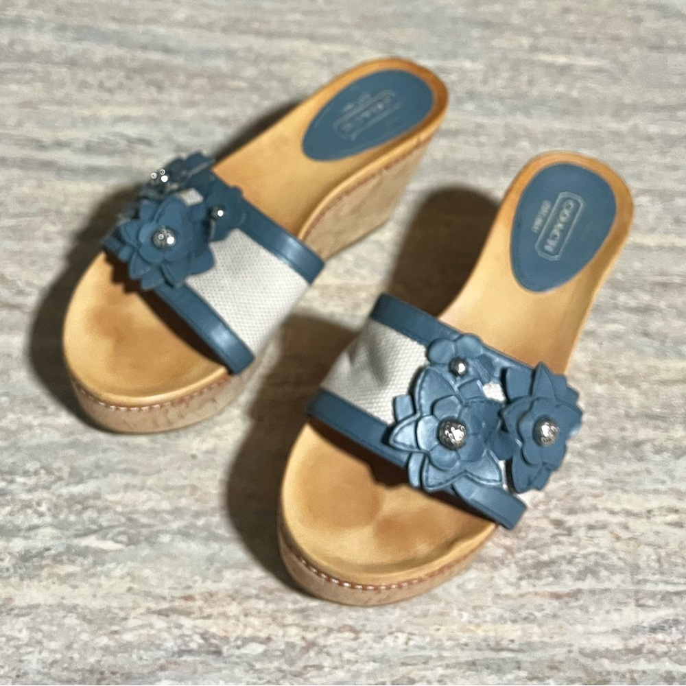 Coach JESACA Blue and Beige Wedge Sandals with Fliral Accents - Picture 5 of 16